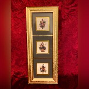 Picture(s) 3 in 1, gold painted wooden frame, 3 floral prints, matted in green.